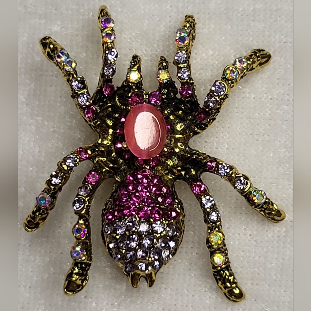 NEW Vintage Style Gold and Pink Rhinestone Spider Brooch / Pendant